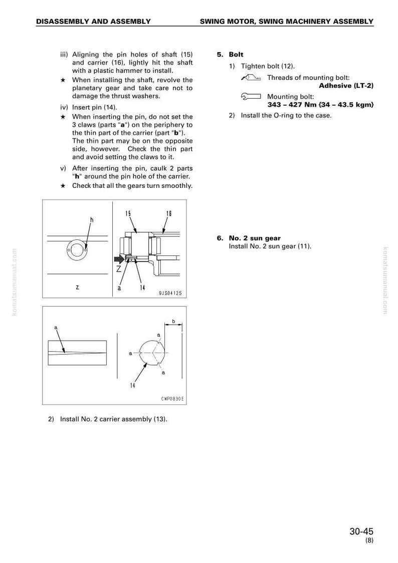 May include: Diagram of swing motor assembly with numbered parts and instructions. Includes bolt tightening specifications in Newton meters and kilogram-meters. Text includes "DISASSEMBLY AND ASSEMBLY" and "SWING MOTOR, SWING MACHINERY ASSEMBLY".