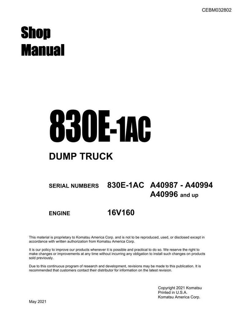 Komatsu 830E-1AC Dumper 16V160 Servicemanual Reparation Verkstad PDF Ladda ner bild 3