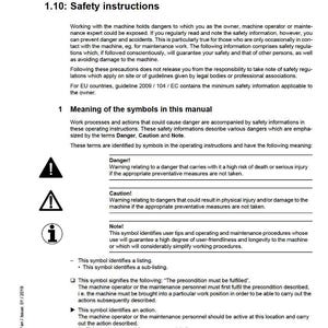 Op de afbeelding: Een pagina uit een servicehandleiding met veiligheidsinstructies en algemene informatie. De tekst bevat waarschuwingen, symboolbetekenissen en operationele procedures. Copyright Liebherr.