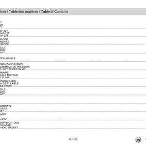 May include: A multilingual table of contents, listing engine components in German, French, and English. The document includes sections on the motor, cylinder block, crankshaft, and oil line. Page number is 10/160.
