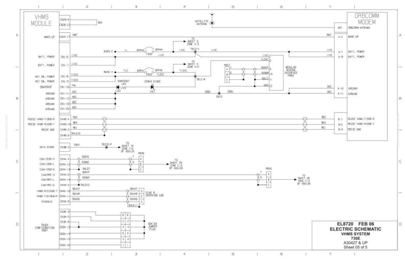 May include: A detailed black and white electrical schematic diagram for a VHMS system. The diagram includes labels for various components and connections, with the text "VHMS MODULE" and "ORBCOMM MODEM" visible.