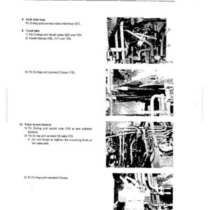 May include: A page from a manual titled "Disassembly and Assembly" with diagrams of mechanical components. The text includes instructions for connecting hoses and installing tubes, with labels and part numbers visible. The page is from a manual for a PC300-2.