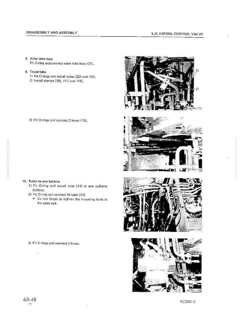 May include: A page from a manual titled "Disassembly and Assembly" with diagrams of mechanical components. The text includes instructions for connecting hoses and installing tubes, with labels and part numbers visible. The page is from a manual for a PC300-2.