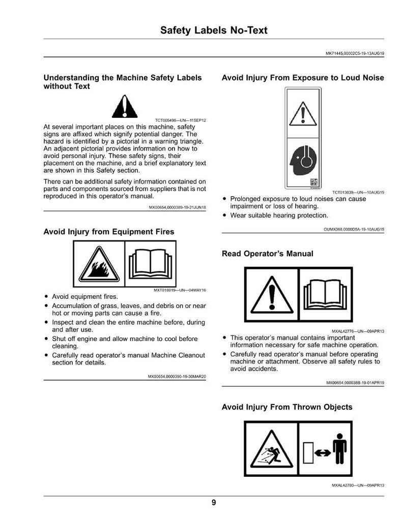 May include: A page from an operator's manual with safety labels. The manual includes warnings about noise exposure, equipment fires, and thrown objects. The page features diagrams and safety instructions.