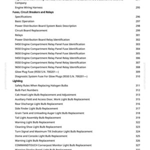 Op de afbeelding: Een pagina uit een handleiding met een inhoudsopgave. Het document bevat diverse onderwerpen over autoreparatie, waaronder kabelbomen, zekeringen, relais en verlichtingscomponenten. De tekst is zwart op een witte achtergrond.
