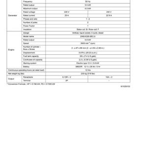 K&ouml;nnte beinhalten: Spezifikationstabelle f&uuml;r die Modelle GL6000-STD und GL6000-AUS. Enth&auml;lt Generator-Details wie Nennspannung (220V, 240V), Nennstrom (25A, 22,9A) und maximale Leistung (6,0 kW). Motorspezifikationen umfassen Tankinhalt (28 L) und Nettogewicht (235 kg).