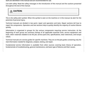May include: A page from a technical manual with the heading "Foreword". The text includes safety warnings and instructions for technicians. A "CAUTION" symbol is displayed. The page is white with black text.