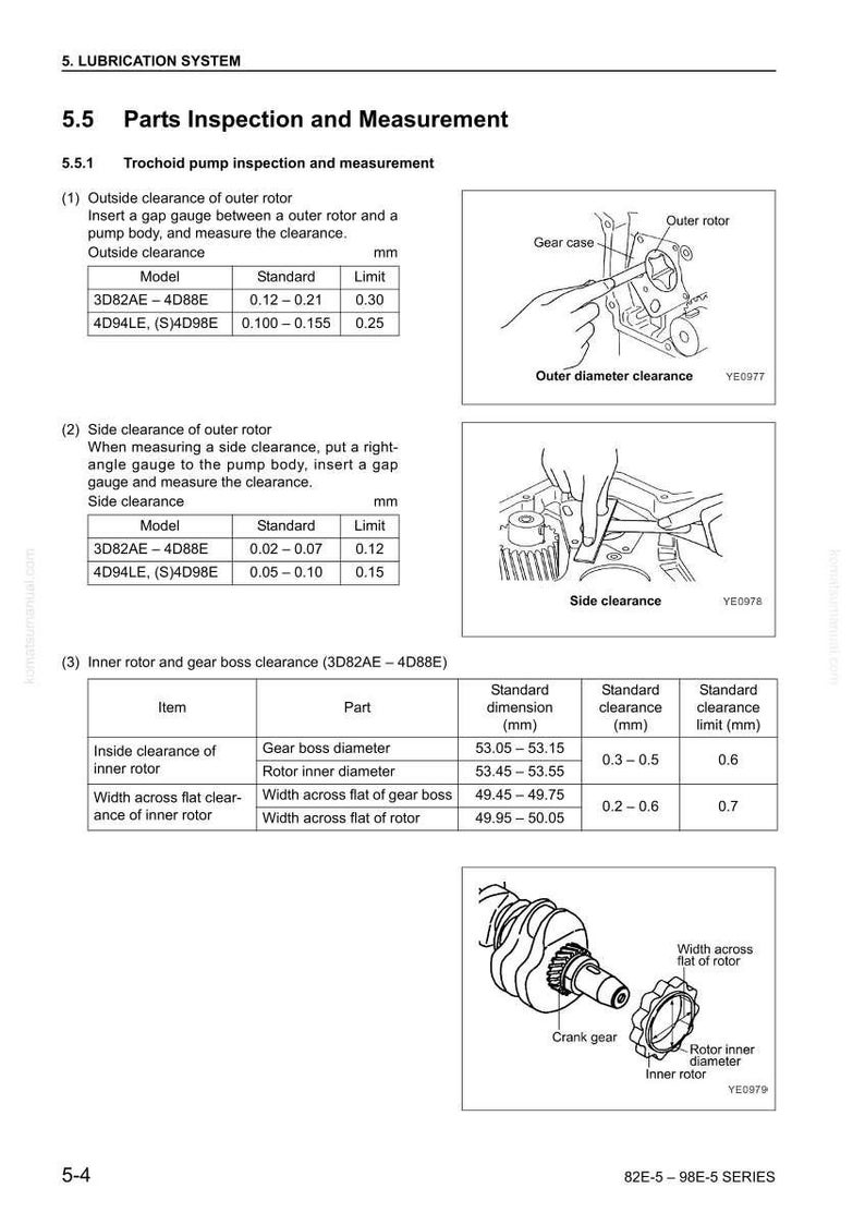 May include: Diagram of engine parts with measurements in millimeters. Includes illustrations of outer rotor clearance, side clearance, and inner rotor components. Text details standard and limit measurements for various parts.