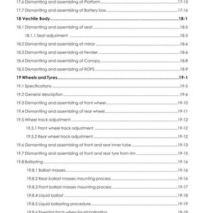 May include: A detailed table of contents from a manual, featuring sections on vehicle body, wheels, tires, and related maintenance procedures. The document includes headings and page numbers, with the Argo Tractors logo at the top.