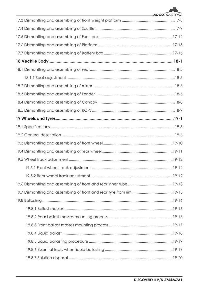 May include: A detailed table of contents from a manual, featuring sections on vehicle body, wheels, tires, and related maintenance procedures. The document includes headings and page numbers, with the Argo Tractors logo at the top.