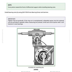 Pu&ograve; includere: Diagramma tecnico che illustra l'installazione di componenti automobilistici, tra cui un pignone, un cono del cuscinetto e un dado ad anello. L'immagine include istruzioni dettagliate e viste ravvicinate, con etichette e frecce.