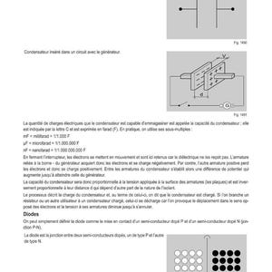 Puede incluir: Diagramas de componentes el&eacute;ctricos, incluyendo un s&iacute;mbolo de condensador y un diagrama de circuito con un generador. Tambi&eacute;n un diagrama de un diodo con secciones P y N, y texto en franc&eacute;s.