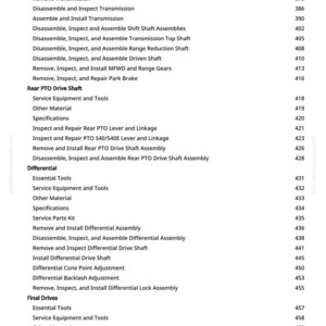 Puede incluir: Una p&aacute;gina de manual con una lista de procedimientos mec&aacute;nicos, incluyendo "Instalar la carcasa del embrague en la transmisi&oacute;n" y "Quitar, inspeccionar y reparar la palanca de cambio". Texto negro sobre fondo blanco.