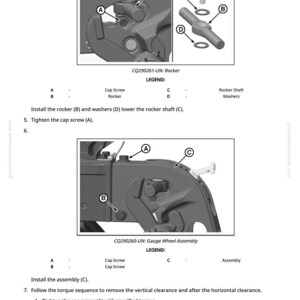 May include: Diagram of mechanical parts with labels and instructions. Includes close-ups of cap screws, rockers, and washers. Text includes torque specifications of 140 N-m (103.26 lb.-ft.) for cap screw A.