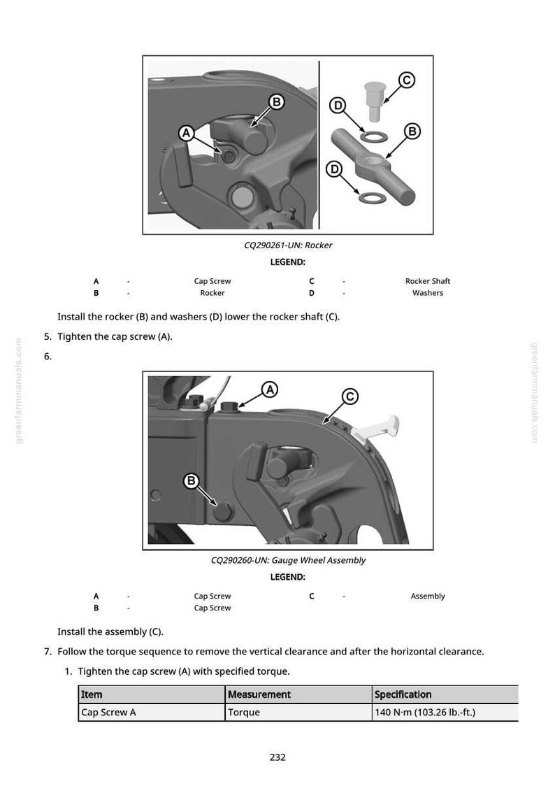 May include: Diagram of mechanical parts with labels and instructions. Includes close-ups of cap screws, rockers, and washers. Text includes torque specifications of 140 N-m (103.26 lb.-ft.) for cap screw A.