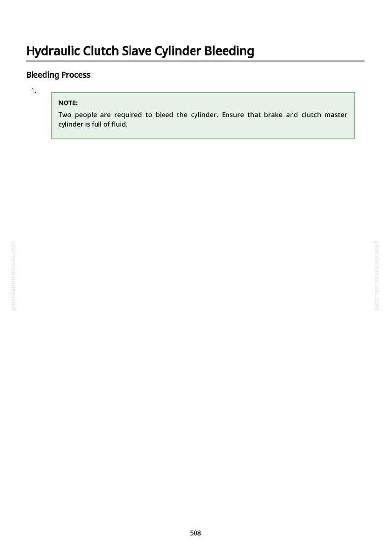 May include: A page from a manual detailing the process of bleeding a hydraulic clutch slave cylinder. The text includes instructions and a note about requiring two people for the procedure. The website greenfammanuals.com is visible.