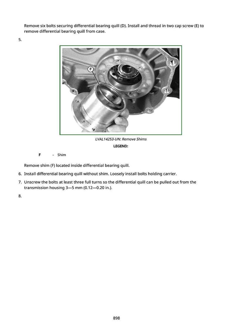 May include: Diagram showing the removal of a differential bearing quill from a case. The image includes a close-up of the quill and surrounding components, with text instructions and labels. The text reads "LVAL14253-UN: Remove Shims".