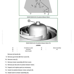 May include: Diagram of a circulation blower motor with labeled parts A, B, C, D, and E. The image includes a legend with descriptions for tie bands, grommet, and nuts. Instructions for removing and installing parts are also included.