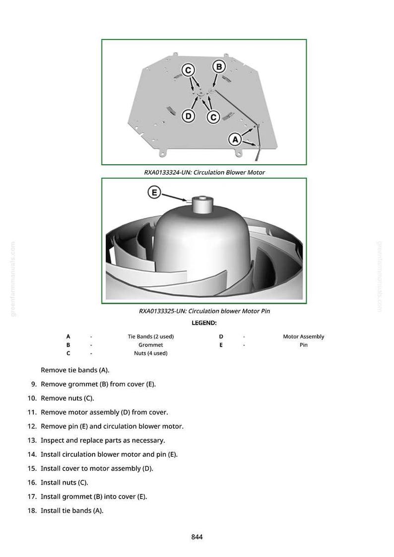 May include: Diagram of a circulation blower motor with labeled parts A, B, C, D, and E. The image includes a legend with descriptions for tie bands, grommet, and nuts. Instructions for removing and installing parts are also included.