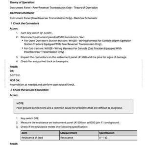 May include: A diagnostic test guide for an instrument panel with PowrReverser Transmission. The document includes instructions for checking connectors and ground connections, with specifications for resistance measurements. The text is in black and white.