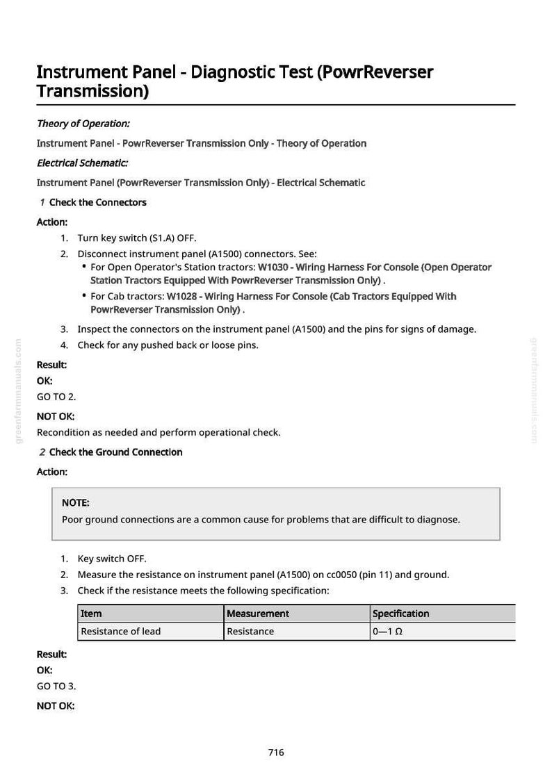 May include: A diagnostic test guide for an instrument panel with PowrReverser Transmission. The document includes instructions for checking connectors and ground connections, with specifications for resistance measurements. The text is in black and white.