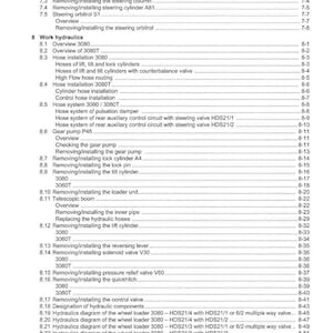 May include: A detailed technical manual page with a table of contents for a Weidemann machine. The page lists various sections, including steering systems, work hydraulics, and diagrams, with corresponding page numbers.