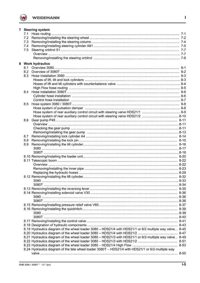 May include: A detailed technical manual page with a table of contents for a Weidemann machine. The page lists various sections, including steering systems, work hydraulics, and diagrams, with corresponding page numbers.