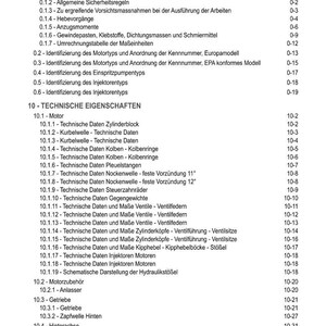 Puede incluir: Un detallado &iacute;ndice en alem&aacute;n, titulado "INHALT", con secciones sobre introducci&oacute;n, especificaciones t&eacute;cnicas y componentes del motor. El documento incluye subsecciones numeradas y n&uacute;meros de p&aacute;gina, impreso en papel blanco.
