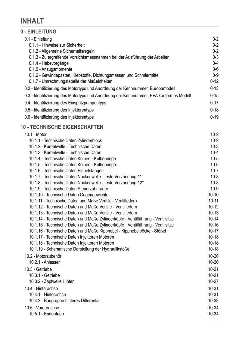Puede incluir: Un detallado &iacute;ndice en alem&aacute;n, titulado "INHALT", con secciones sobre introducci&oacute;n, especificaciones t&eacute;cnicas y componentes del motor. El documento incluye subsecciones numeradas y n&uacute;meros de p&aacute;gina, impreso en papel blanco.