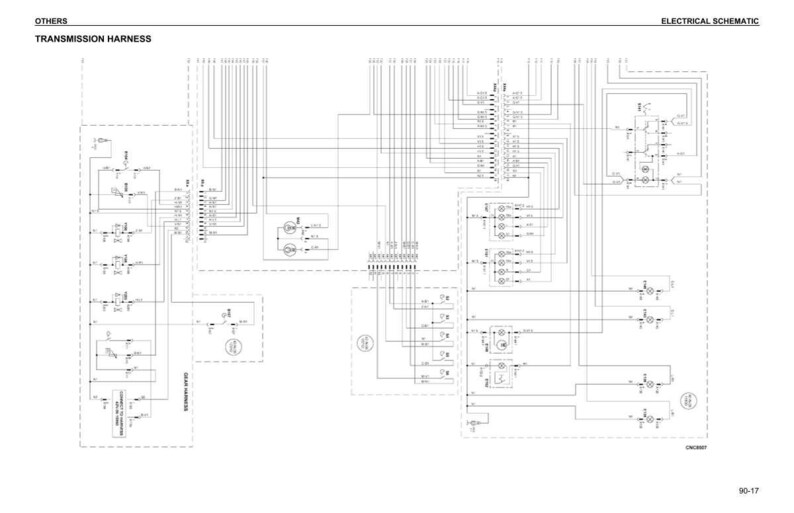 May include: A black and white electrical schematic diagram of a transmission harness. The diagram features lines, symbols, and text. The text includes "OTHERS", "TRANSMISSION HARNESS", and "ELECTRICAL SCHEMATIC".