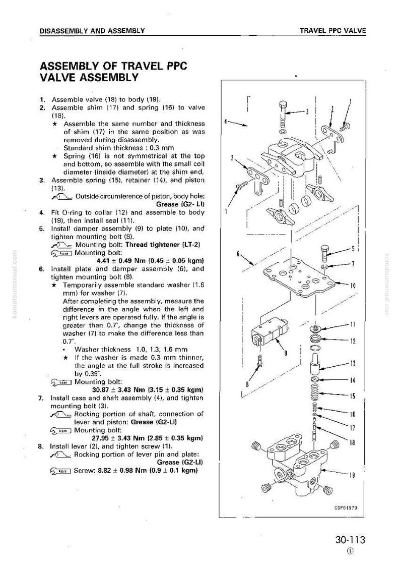 Op de afbeelding: Technische tekening met details van de montage van een Travel PPC-klep. Bevat genummerde componenten, montagestappen en metingen in Nm en kgm, met diktes van ringen in mm.