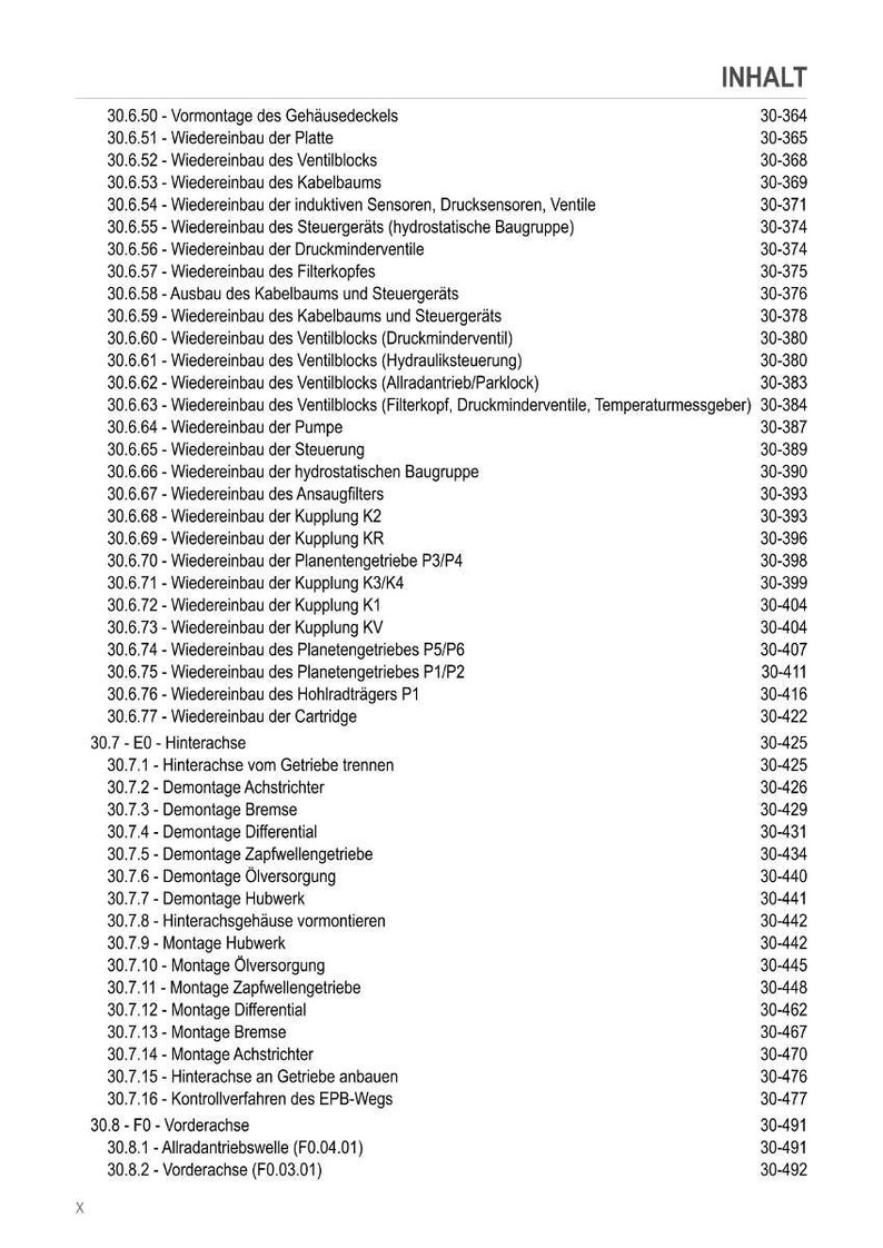 Pu&ograve; includere: Un dettagliato sommario in tedesco, che elenca vari componenti meccanici e procedure con i relativi numeri di pagina. Il documento tratta argomenti come l'assemblaggio, lo smontaggio e la manutenzione di parti di veicoli.