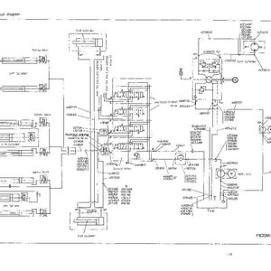 K&ouml;nnte beinhalten: Ein detailliertes hydraulisches Schaltbild in Schwarzwei&szlig; mit zahlreichen beschrifteten Komponenten und Leitungen. Das Diagramm enth&auml;lt Text und Symbole. Der Titel "Hydraulic circuit diagram" steht oben. Das Diagramm enth&auml;lt den Text "FB20M-1E".