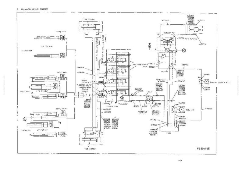 K&ouml;nnte beinhalten: Ein detailliertes hydraulisches Schaltbild in Schwarzwei&szlig; mit zahlreichen beschrifteten Komponenten und Leitungen. Das Diagramm enth&auml;lt Text und Symbole. Der Titel "Hydraulic circuit diagram" steht oben. Das Diagramm enth&auml;lt den Text "FB20M-1E".