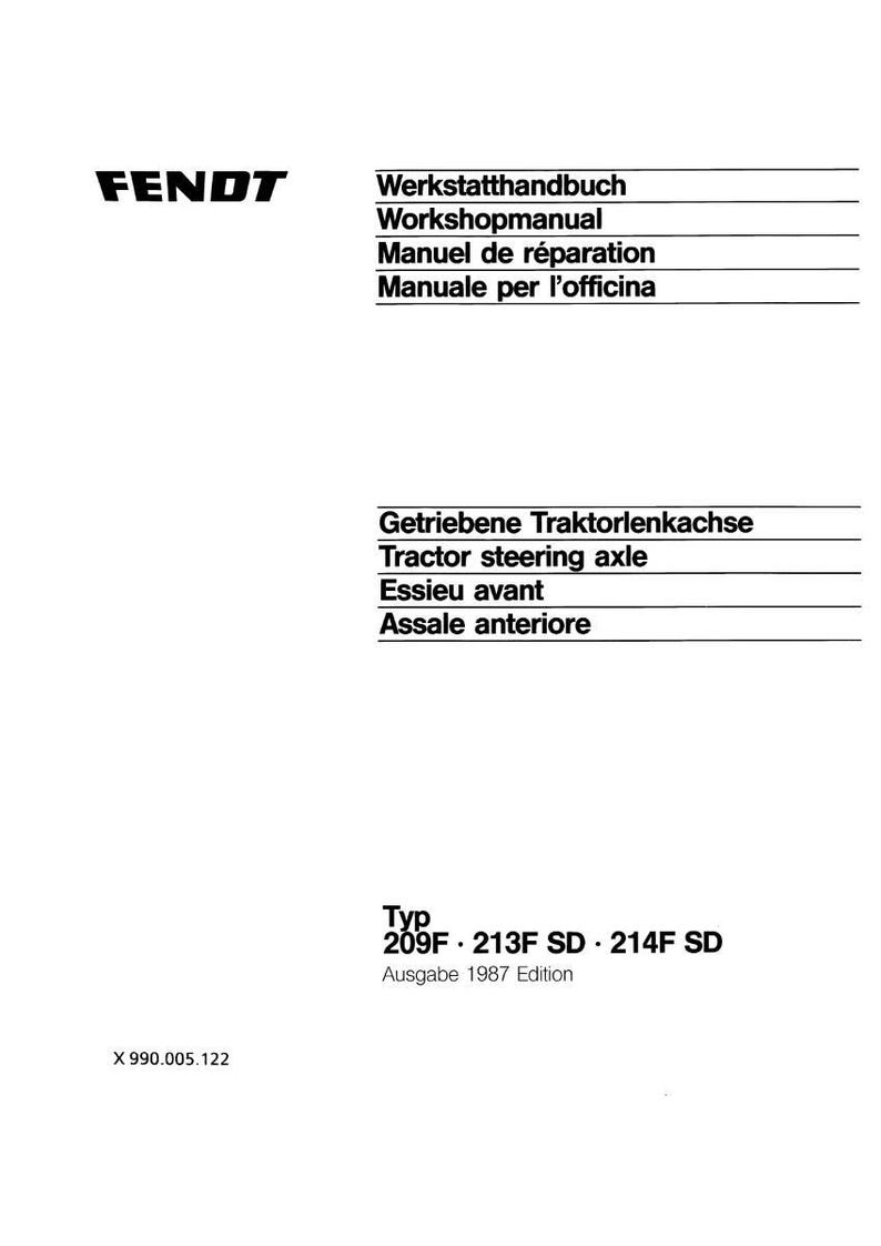 May include: A white page with the FENDT logo and text in German, English, French, and Italian. The text includes "Workshopmanual", "Tractor steering axle", and "209F 213F SD 214F SD". The edition is from 1987.