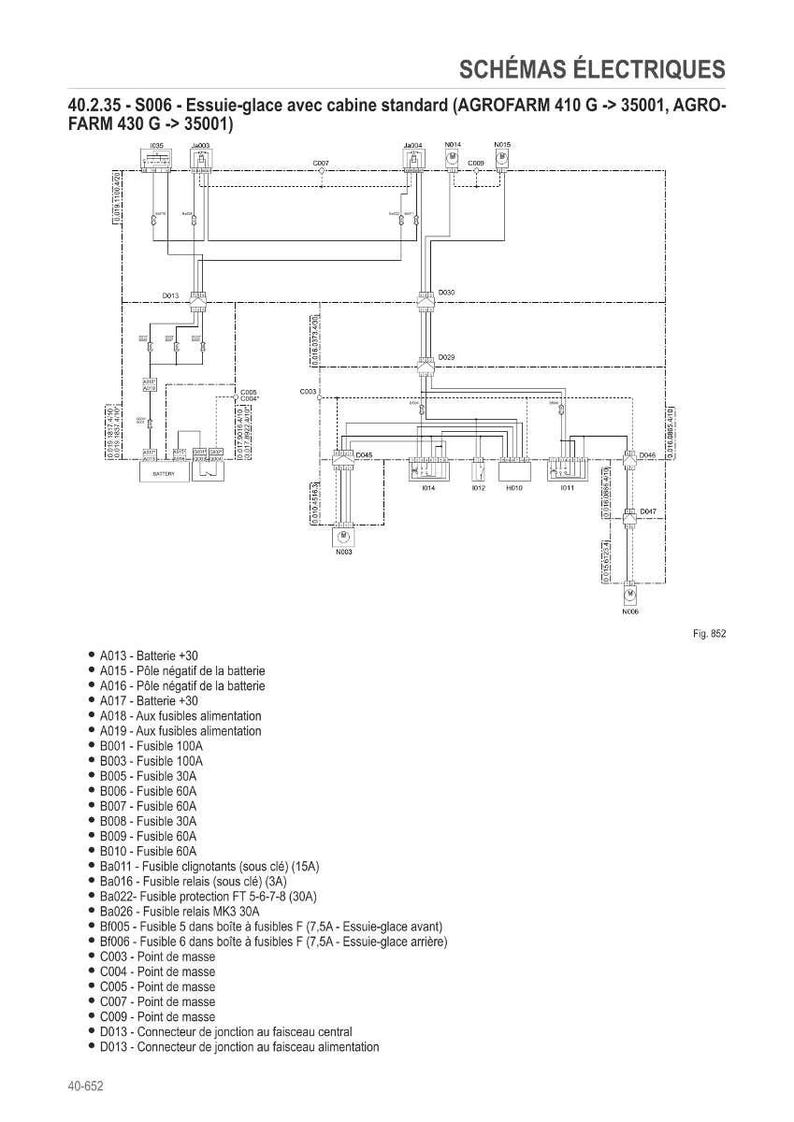 May include: Electrical schematic diagram for Agrofarm 410 G and 430 G models. The diagram includes wiring details for the windshield wiper system, fuses, and other electrical components. Text in French.