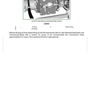 May include: Diagram of a mechanical component with labels for fill plug, fill gauge, and elbow fitting. The text instructs on removing the fill plug and filling the transmission with oil, with a capacity of approximately 19 liters.