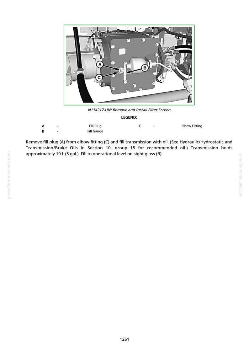 May include: Diagram of a mechanical component with labels for fill plug, fill gauge, and elbow fitting. The text instructs on removing the fill plug and filling the transmission with oil, with a capacity of approximately 19 liters.