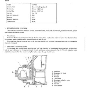 May include: Diagram of a VHA42 carburetor, a single-barrel downdraft type. Includes specifications for throat diameter (1.654 in.), venturi diameter (1.417 in.), and jet sizes. Features a labeled diagram of the carburetor's components.