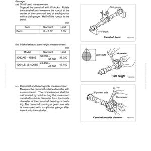 May include: Diagram of engine camshaft inspection and measurement procedures. Includes illustrations of a dial gauge, micrometer, and V-blocks used to measure bend, cam height, and outside diameter. Text includes model numbers and measurements in millimeters.