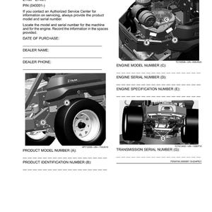 Peut inclure: Guide d'identification du produit pour un ZTrak Z740R. Le document comprend des sch&eacute;mas du moteur et des composants de la machine, avec des &eacute;tiquettes pour les num&eacute;ros de mod&egrave;le et de s&eacute;rie. Il y a aussi des espaces pour enregistrer les d&eacute;tails d'achat.