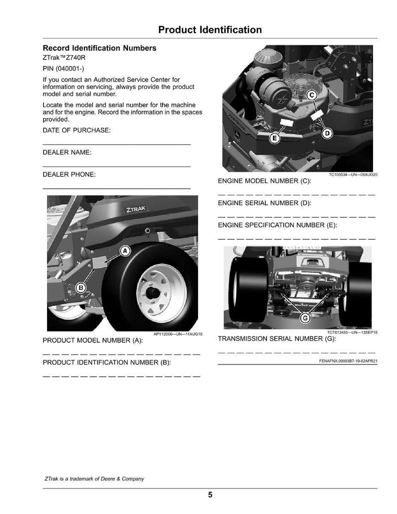 Peut inclure: Guide d'identification du produit pour un ZTrak Z740R. Le document comprend des sch&eacute;mas du moteur et des composants de la machine, avec des &eacute;tiquettes pour les num&eacute;ros de mod&egrave;le et de s&eacute;rie. Il y a aussi des espaces pour enregistrer les d&eacute;tails d'achat.