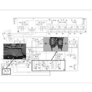 May include: A technical diagram in black and white, labeled "Transmission hydraulics diagram and legend." It includes detailed schematics, diagrams, and the text "Single e-box" and "Fav 700."