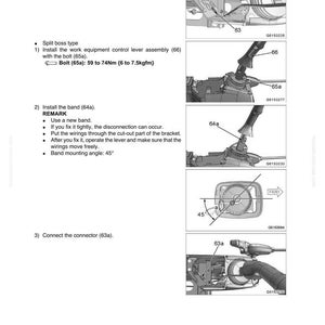 May include: Diagram from a manual showing the disassembly and assembly of a cab and its attachments. Includes illustrations of connectors, levers, and bands, with measurements in Nm and kgfm. Text includes instructions and a band mounting angle of 45 degrees.