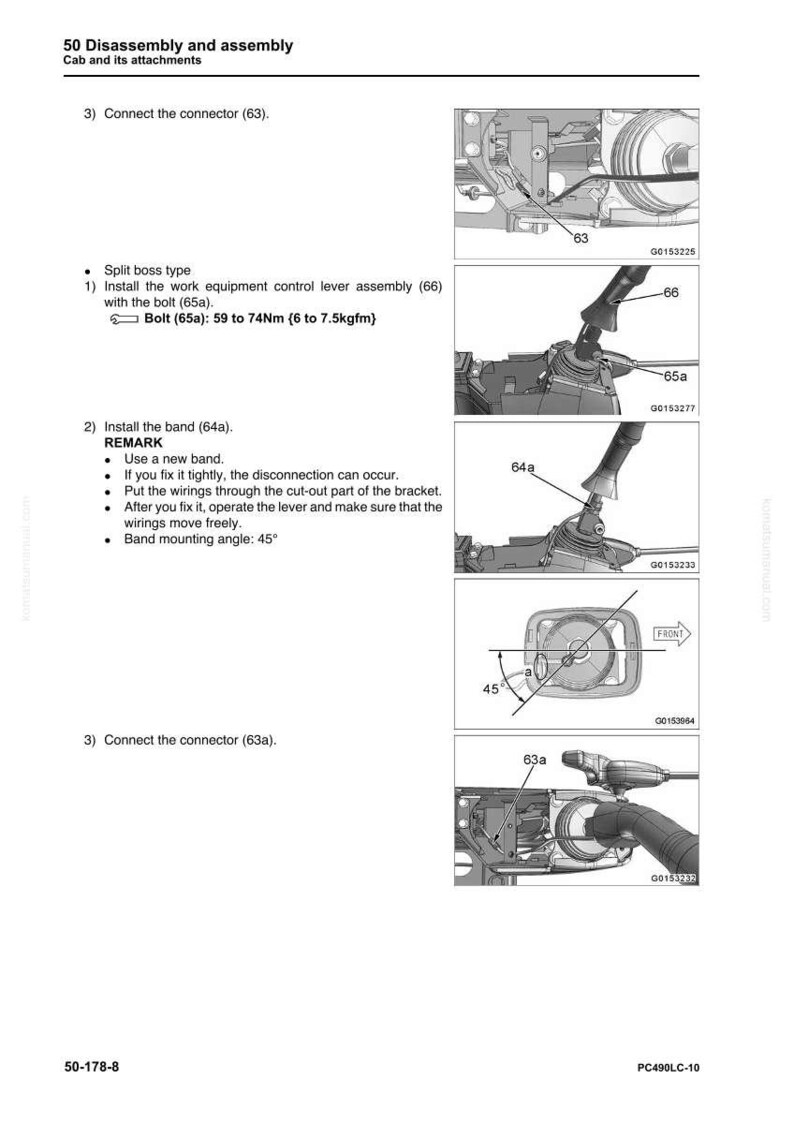 May include: Diagram from a manual showing the disassembly and assembly of a cab and its attachments. Includes illustrations of connectors, levers, and bands, with measurements in Nm and kgfm. Text includes instructions and a band mounting angle of 45 degrees.