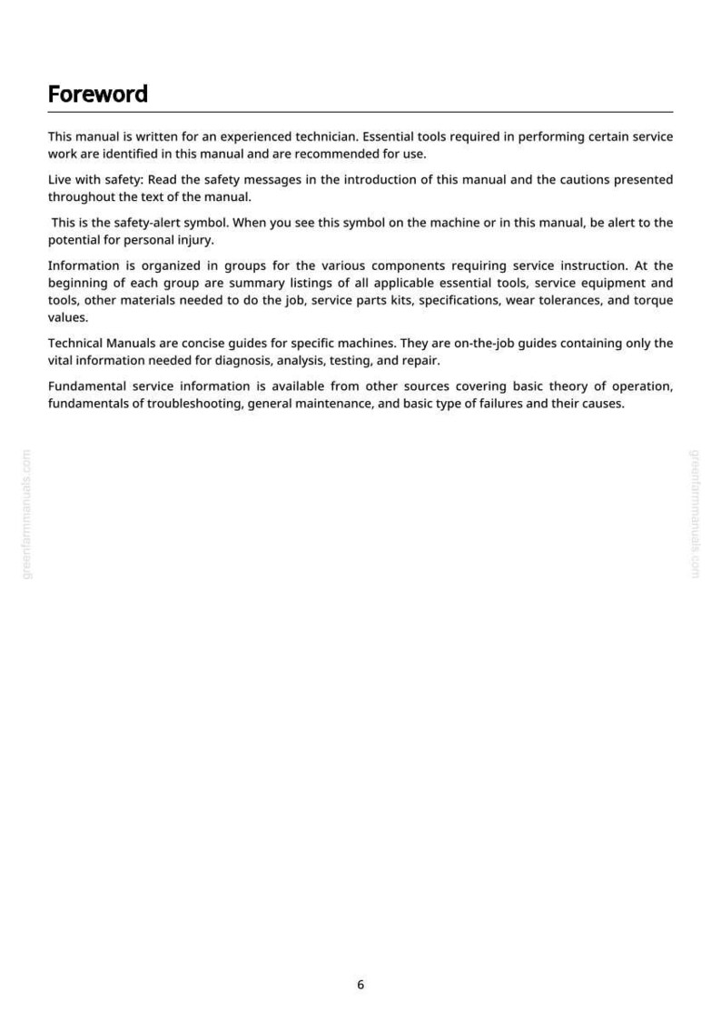 May include: A page from a technical manual with the title "Foreword". The text describes the manual's purpose, safety information, and organization. The greenfarmmanuals.com logo is visible in the corner.