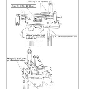May include: Diagram of a brake assembly with labels indicating torque specifications in Newton-meters (Nm) and kilogram-meters (kgm). Instructions include adjusting a shim and confirming lever rotation. Text includes "BRAKE" and "STRUCTURE AND FUNCTION."