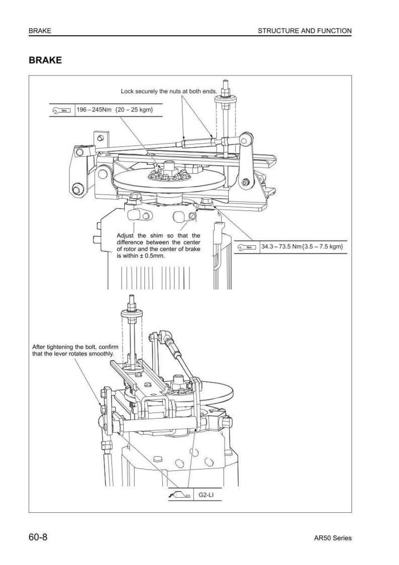 May include: Diagram of a brake assembly with labels indicating torque specifications in Newton-meters (Nm) and kilogram-meters (kgm). Instructions include adjusting a shim and confirming lever rotation. Text includes "BRAKE" and "STRUCTURE AND FUNCTION."