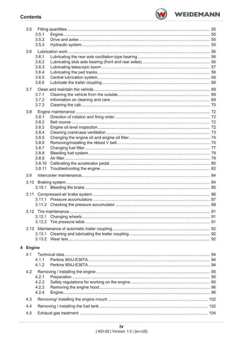 K&ouml;nnte beinhalten: Ein detailliertes Inhaltsverzeichnis aus einem Handbuch mit Abschnitten zu Motorwartung, Reifenwartung und Bremssystemen. Das Dokument enth&auml;lt &Uuml;berschriften und Seitenzahlen, mit dem Weidemann-Logo oben.