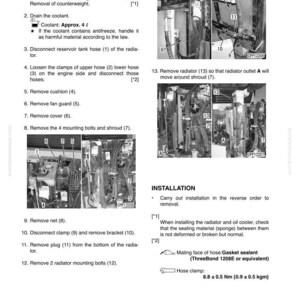 May include: A manual page showing radiator disassembly and assembly instructions. It includes diagrams and numbered steps for removing and installing parts. Coolant capacity is approximately 4 litres. The text also includes safety warnings.